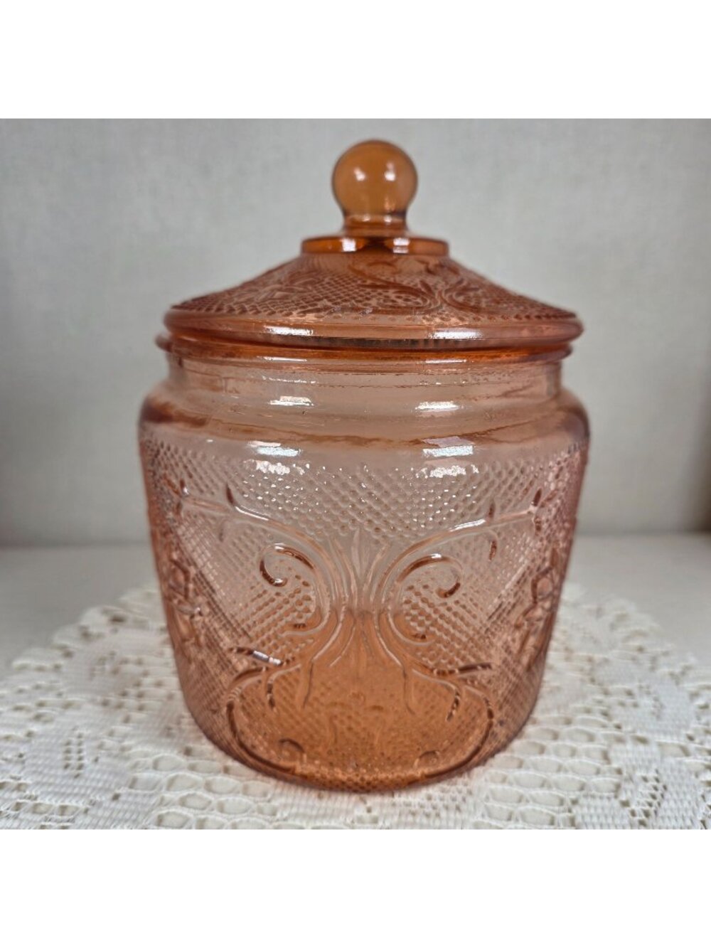 Vintage Tiara Indiana Glass Pink "Sandwich" Canister With Lid Pressed Floral Pat